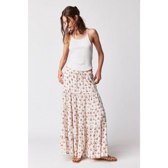 Free People Floral Maxi Skirt - Cream and Red - Picture 1 of 6